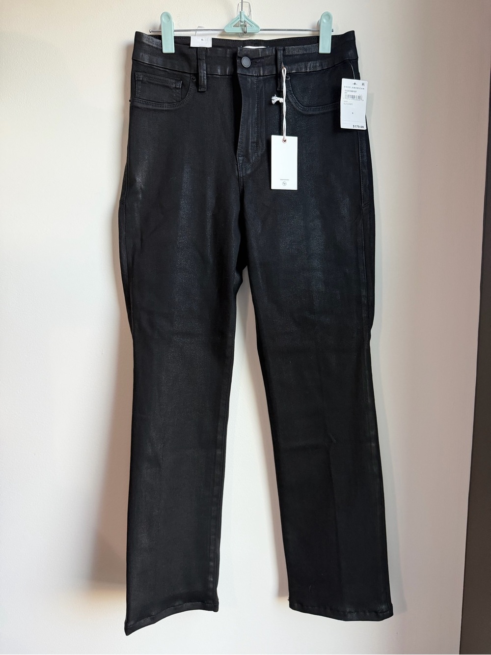 Good American Black Good Legs Straight-Leg Coated Jeans
